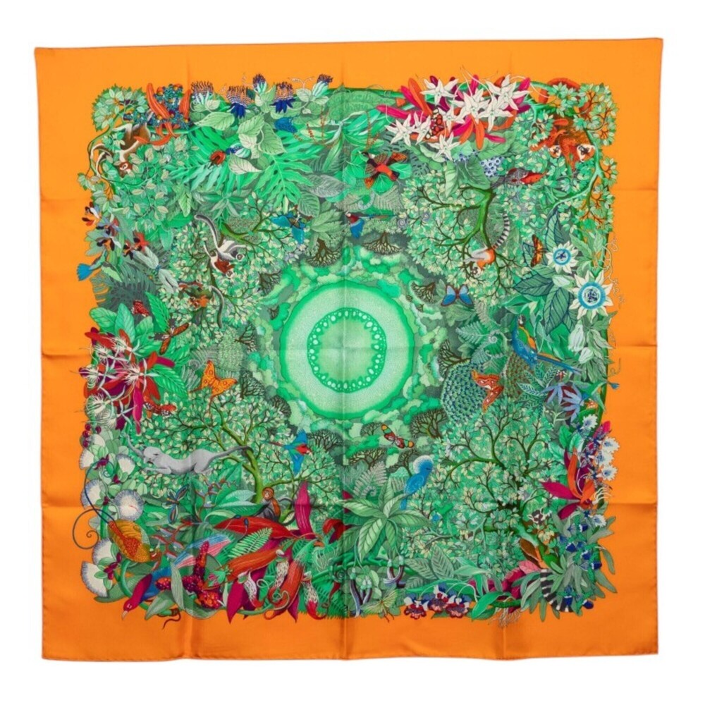 Hermes Carre 90 Au Coeur de la Vie (Forest of Life) Scarf/Muffler, Orange Mul...